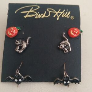 Vintage Birch hill Halloween Earrings /Bats/Cats/Jack-o'-lantern